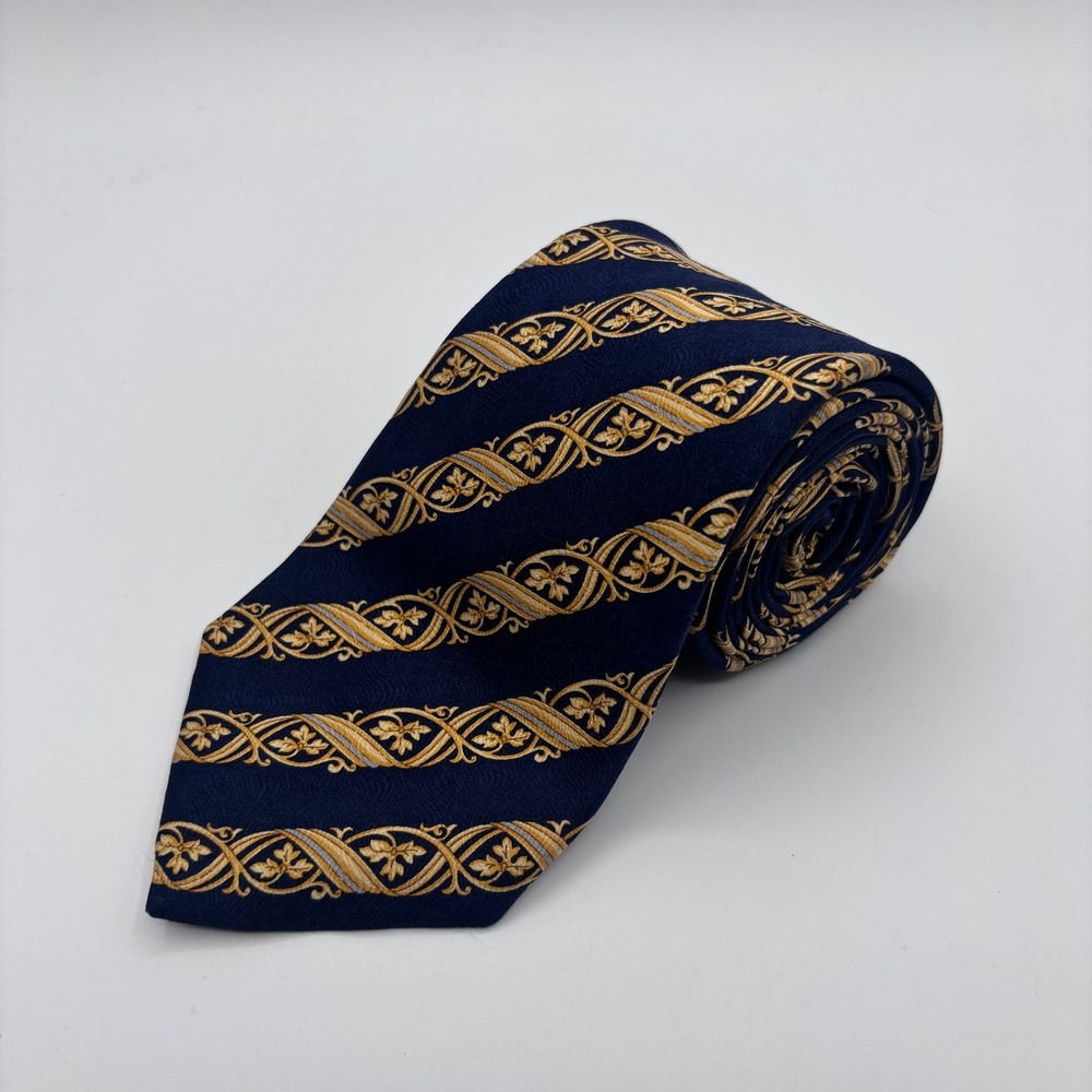 Bullock & Jones Silk Tie Extra Long 66"‎ Navy Gold Filigree Stripe Made in Italy